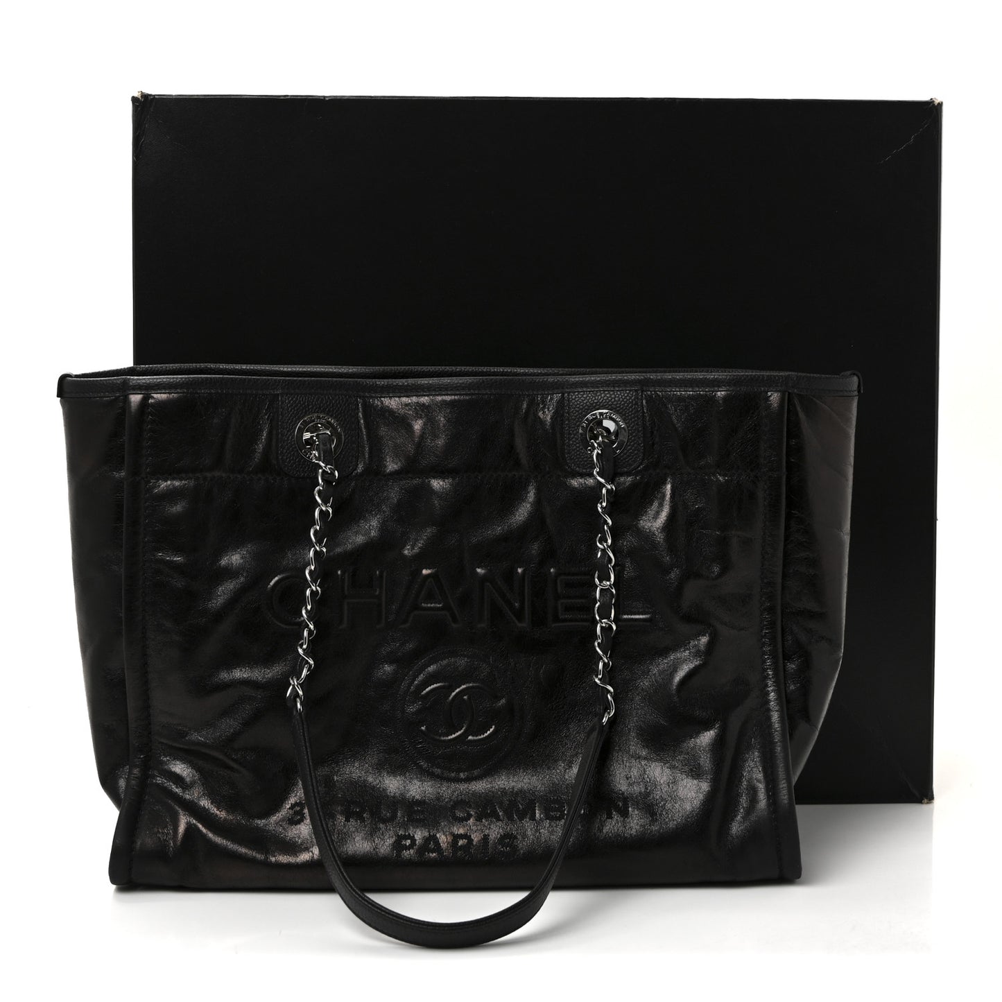 Glazed Calfskin Small Deauville Tote Black