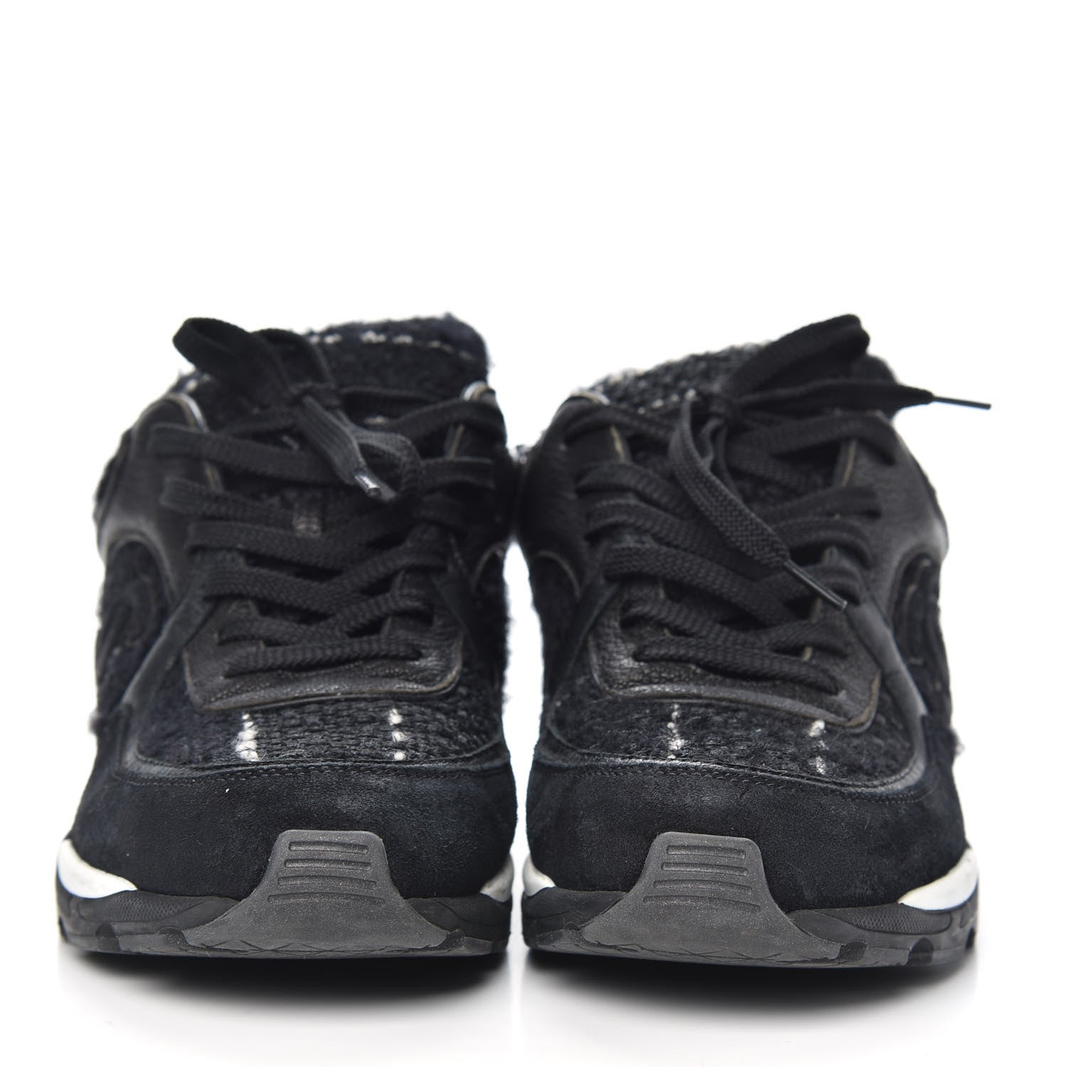 Chanel Tweed Suede Goatskin CC Sneakers 37.5 Black White 2 of 11