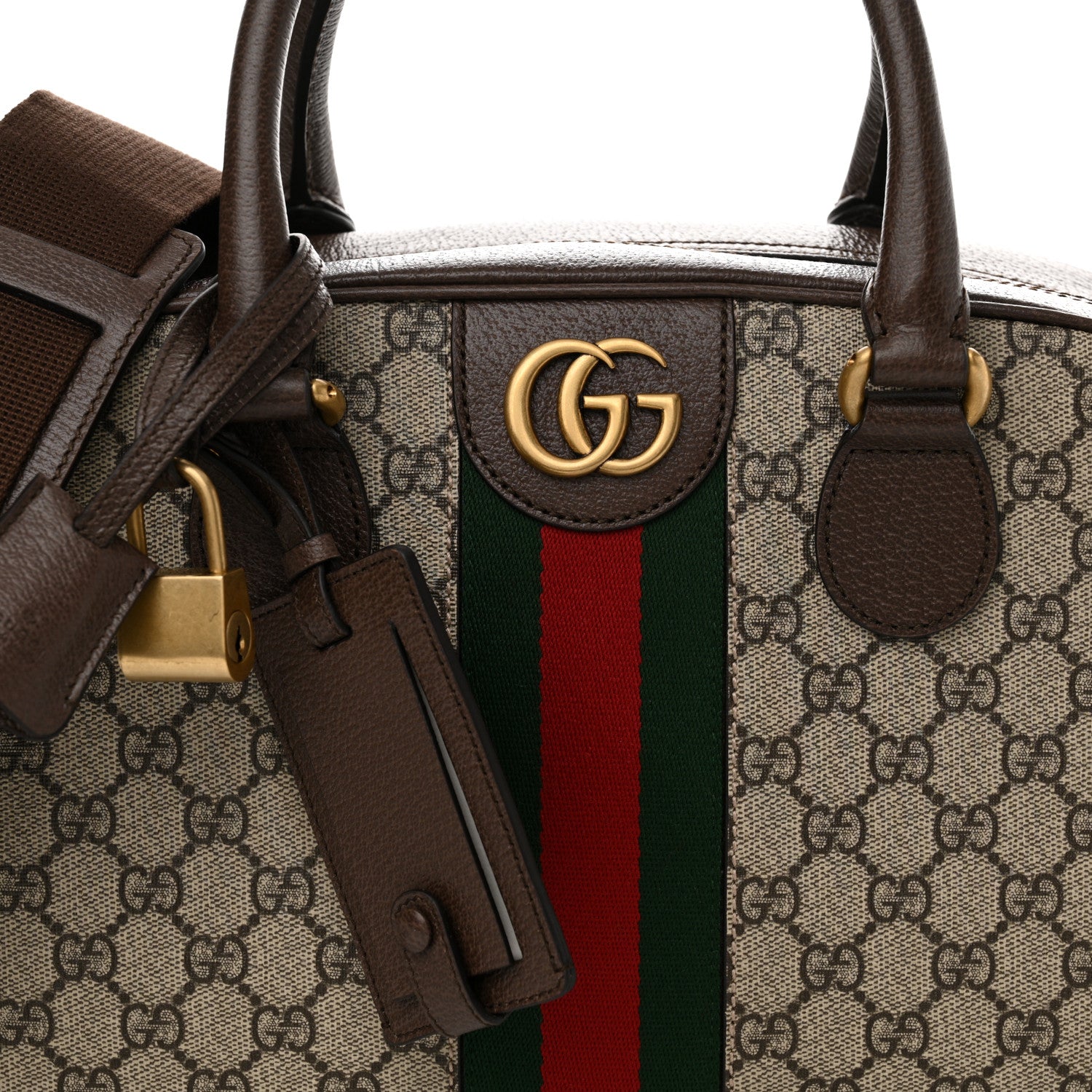 Gucci GG Supreme Monogram Textured Dollar Calfskin Web Medium Savoy Bowling Bag Beige Ebony New Acero 8 of 10