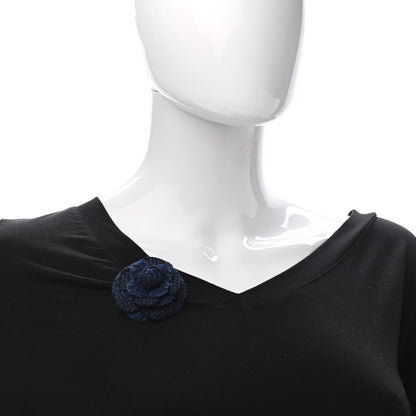 Chanel Tweed Camellia Pin Brooch Navy Blue 2 of 6