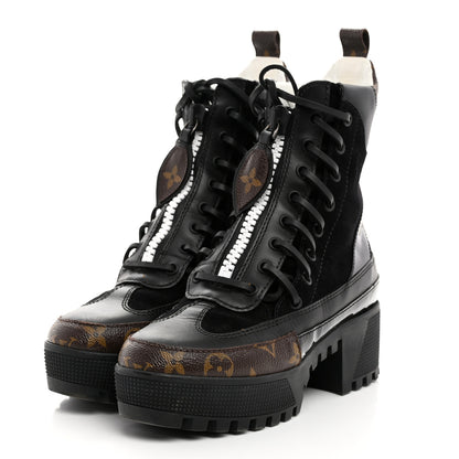 Louis Vuitton Suede Calfskin Crocodile Embossed Patent Monogram Laureate Platform Desert Boots 35 Black 3 of 8