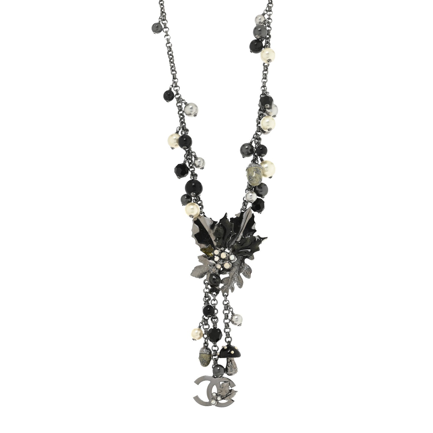 Pearl Crystal Long CC Autumn Necklace Ruthenium Black Grey