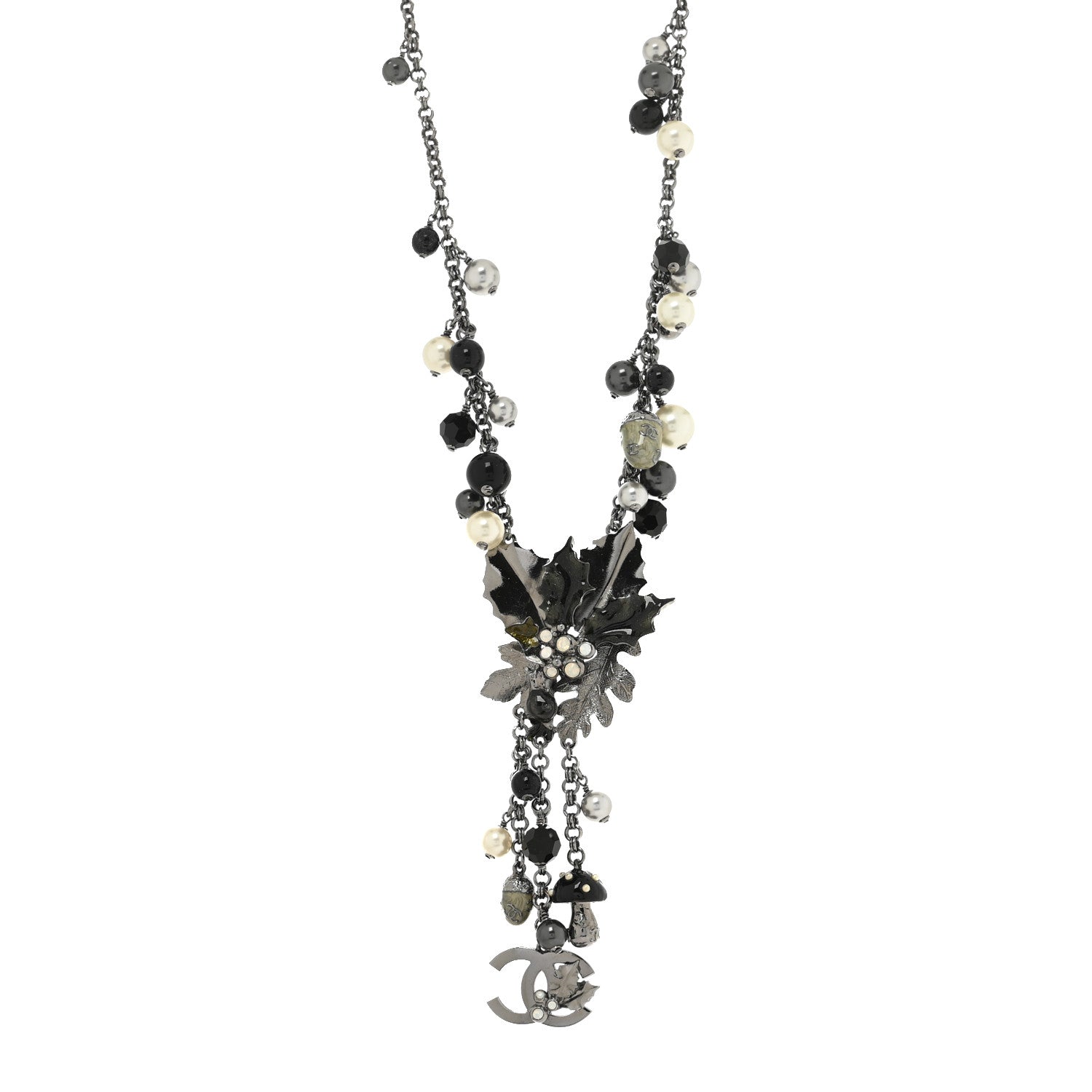 Chanel Pearl Crystal Long CC Autumn Necklace Ruthenium Black Grey 1 of 3