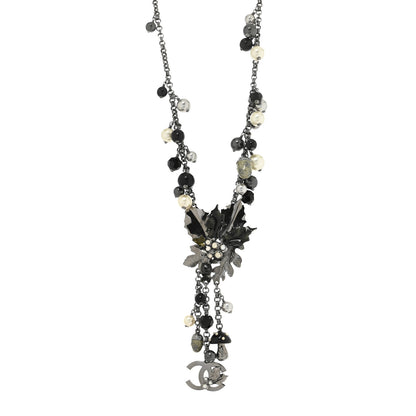 Chanel Pearl Crystal Long CC Autumn Necklace Ruthenium Black Grey 1 of 3