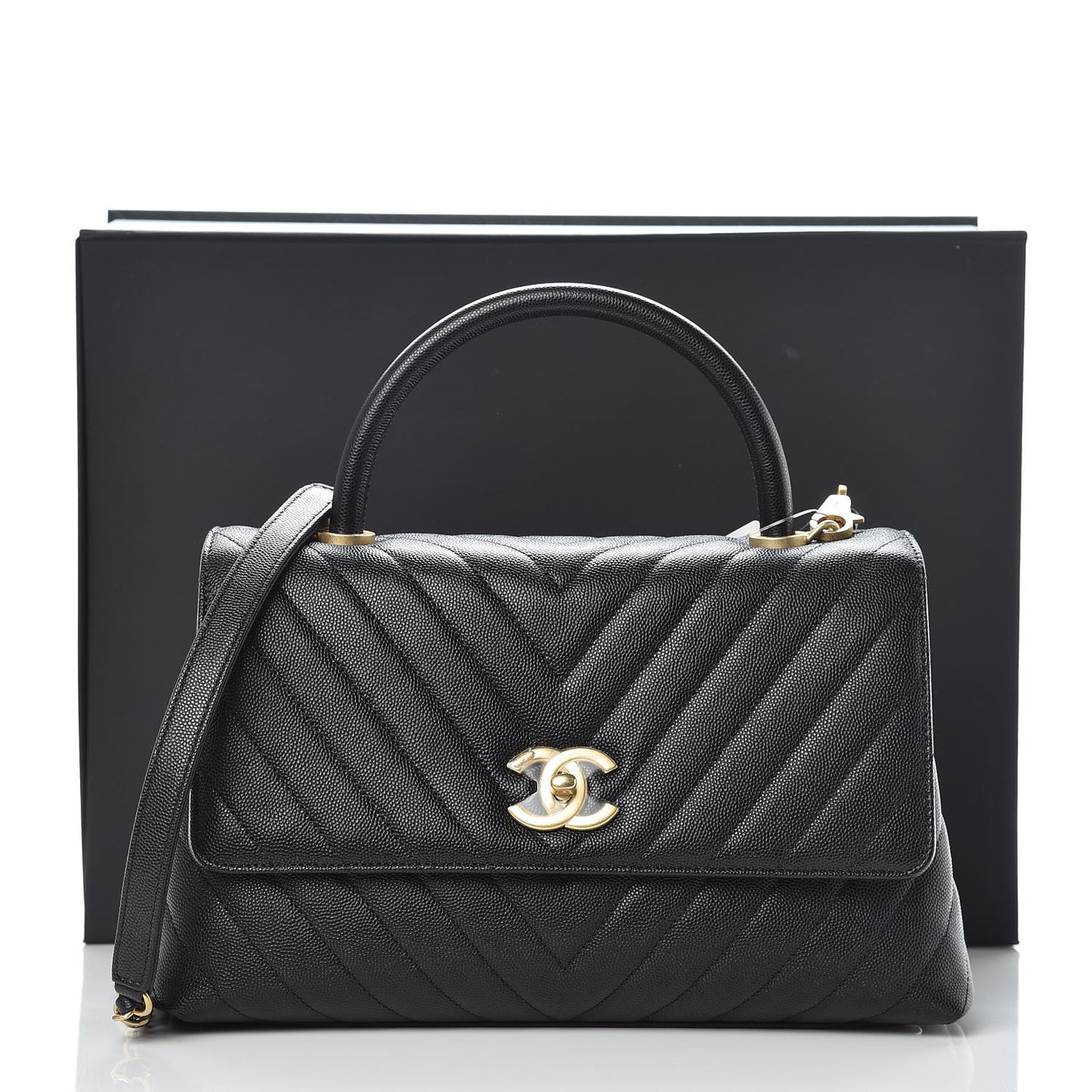 Caviar Chevron Quilted Small Coco Handle Flap Black
