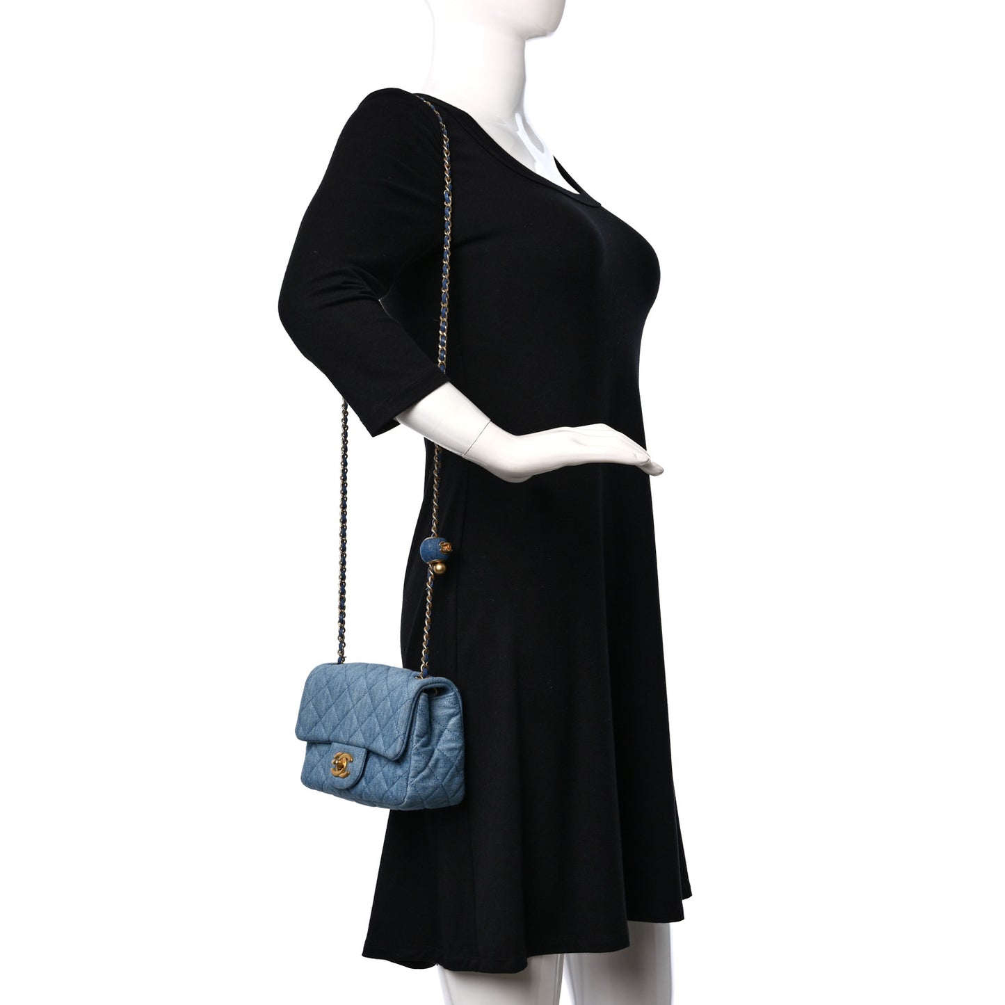 Denim Quilted Mini Pearl Crush Flap Blue