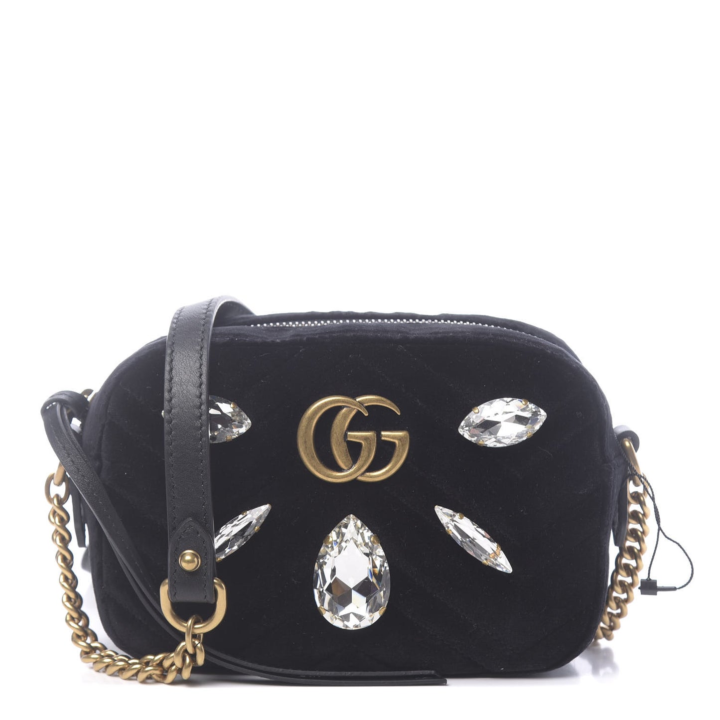 Velvet Matelasse Marquise Crystals Mini GG Marmont Chain Shoulder Bag Black