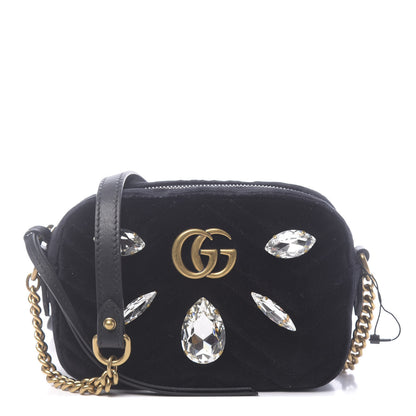 Gucci Velvet Matelasse Marquise Crystals Mini GG Marmont Chain Shoulder Bag Black 1 of 10