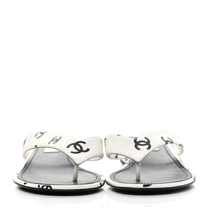 Chanel Lambskin Printed CC Thong Sandals 38 White Black 2 of 9
