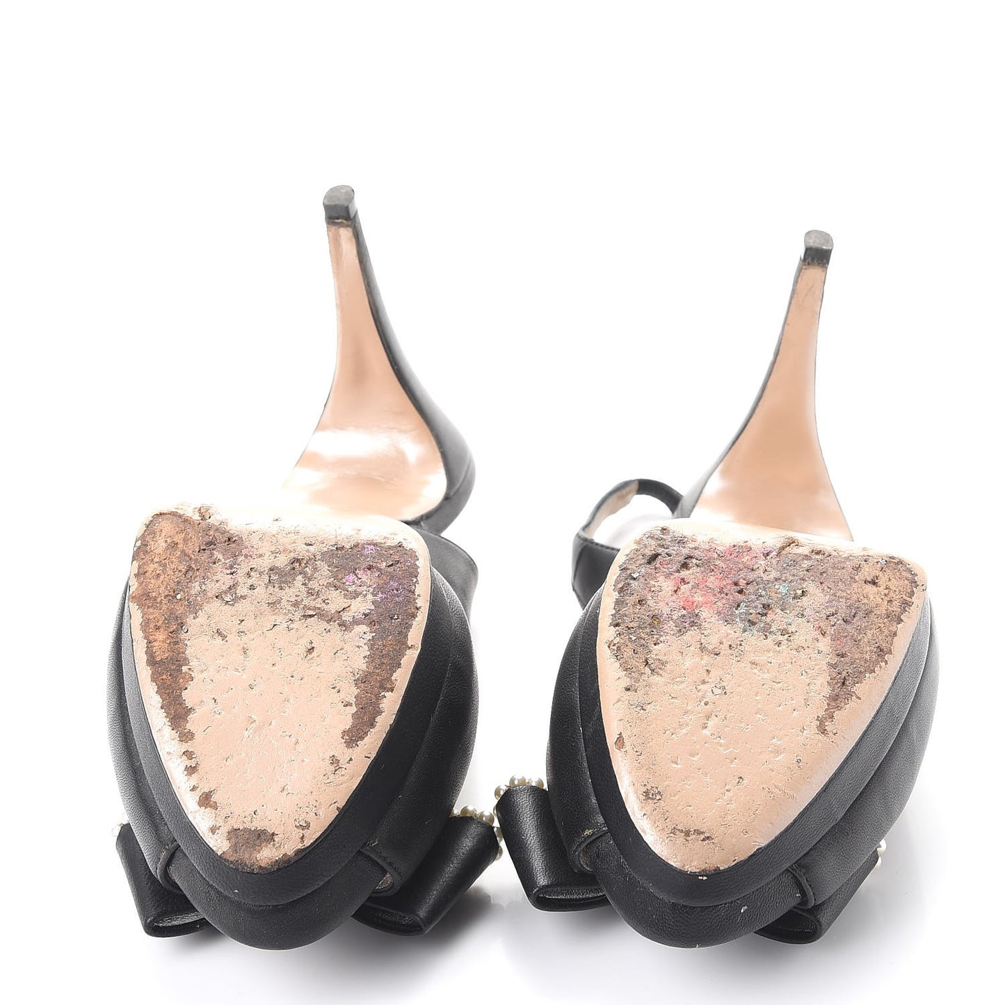 Nappa Pearl Bow Peep Toe Slingback Pumps 38.5 Black