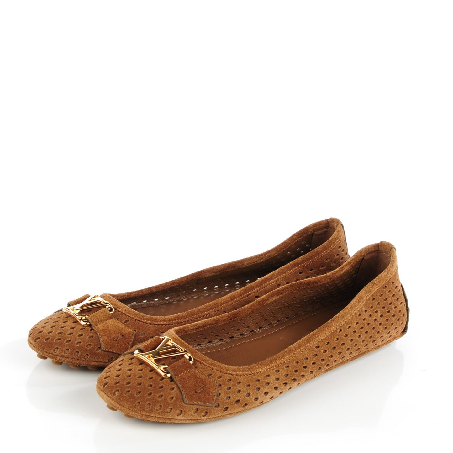Suede Perforated Oxford Ballerina Flats 37 Cognac