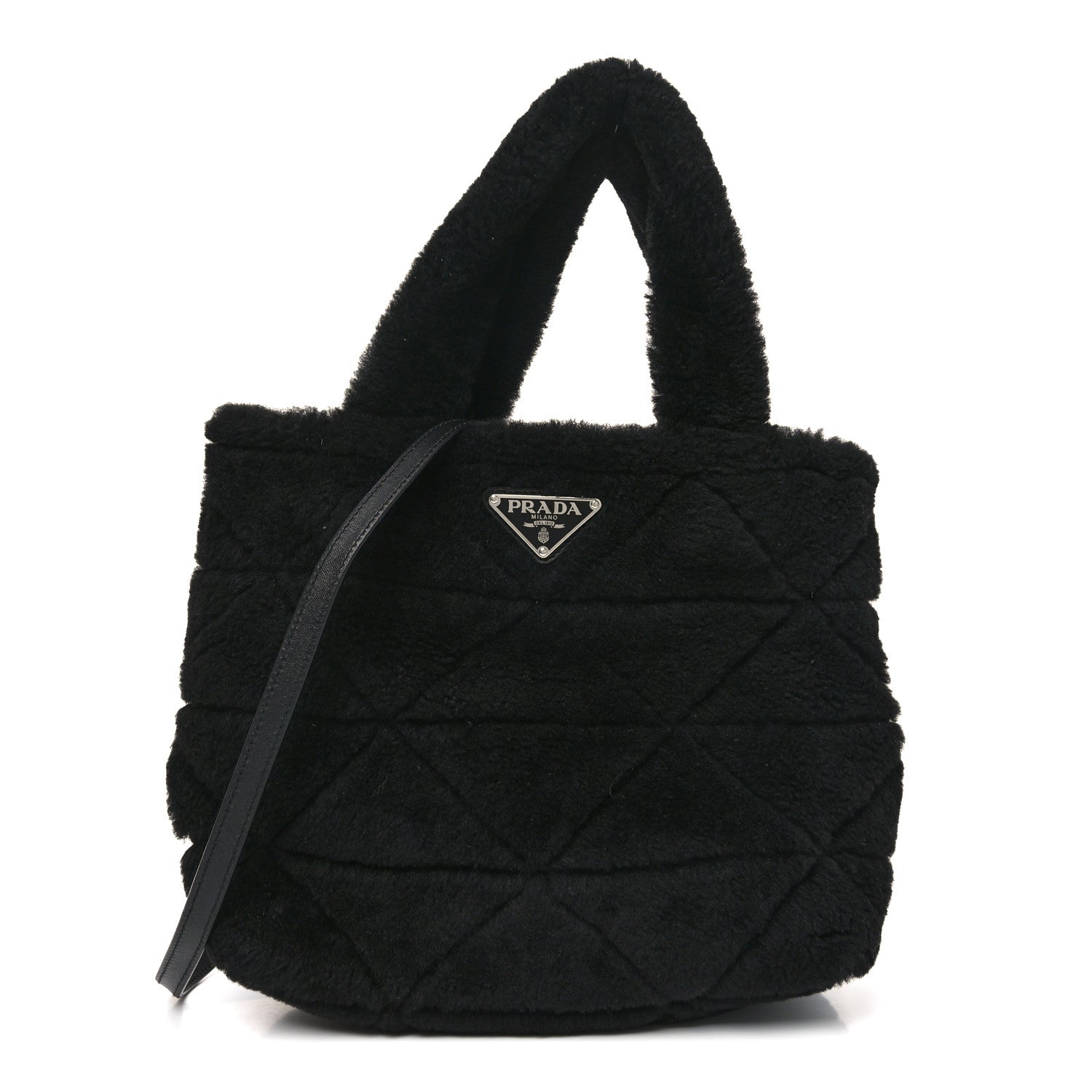 Prada Shearling Nappa Triangle Quilted Patchwork System Tote Black 1 of 10