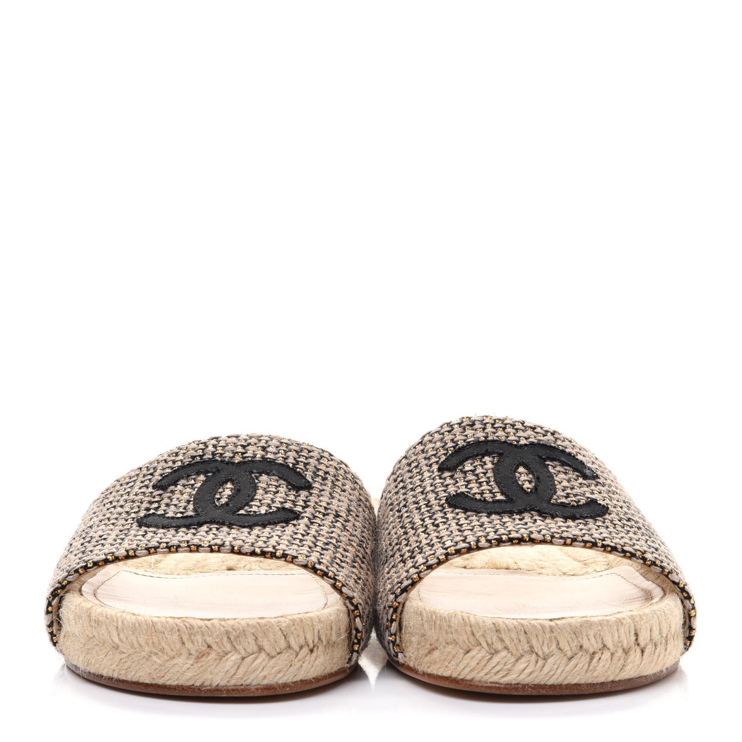 Tweed Grosgrain CC Espadrille Slip On Sandals 36 Beige Black