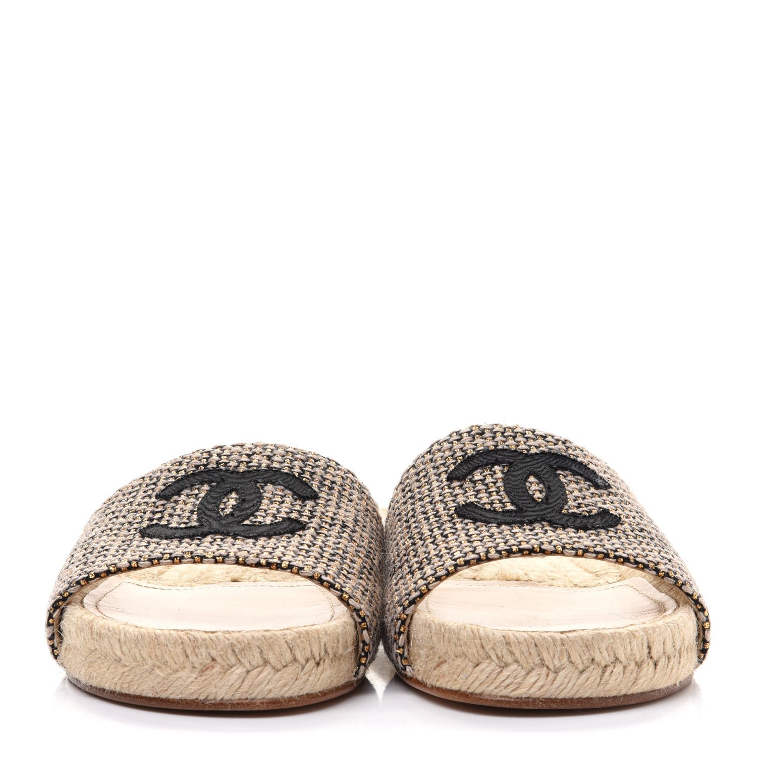 Chanel Tweed Grosgrain CC Espadrille Slip On Sandals 36 Beige Black 2 of 9