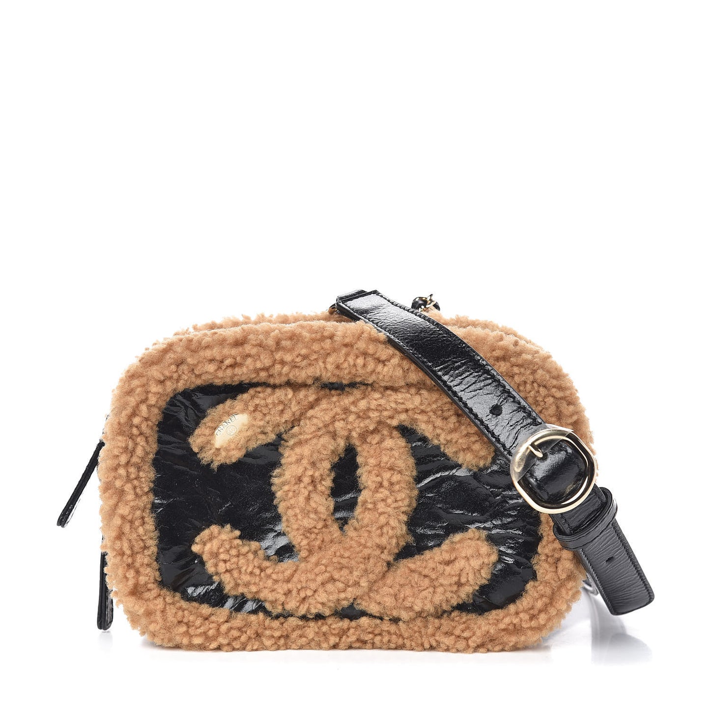 Shiny Crumpled Sheepskin Shearling CC Mania Waist Bag Black Light Brown