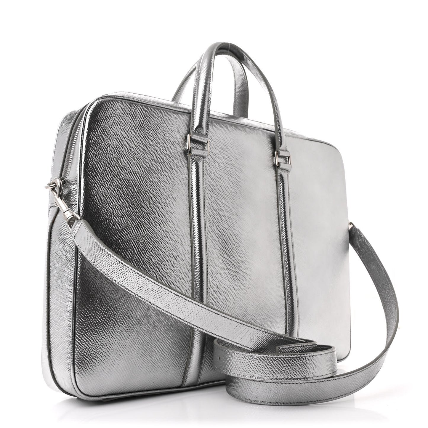 Laminated Grained Calfskin Medium Briefcase Silver