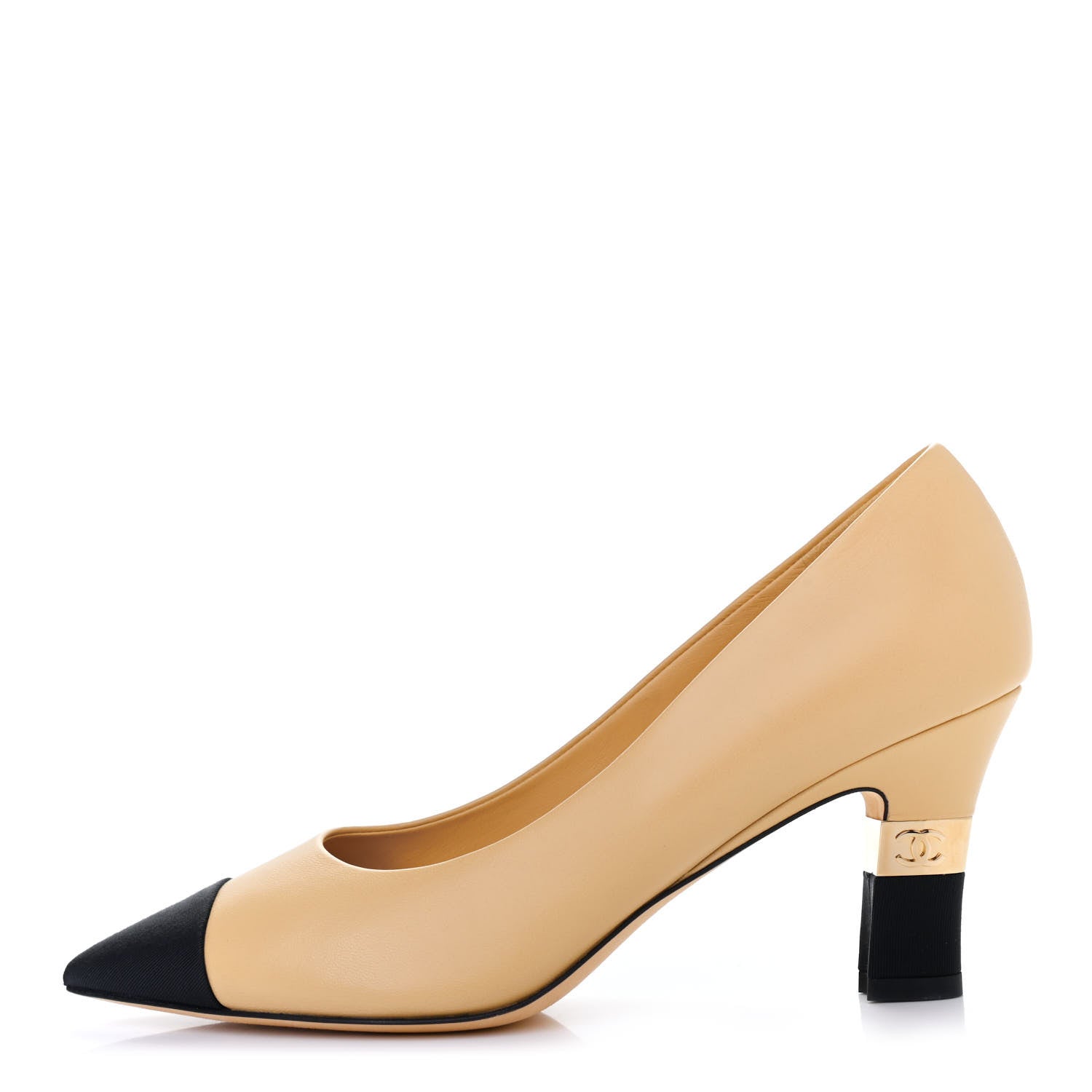 Chanel Lambskin Grosgrain Cap Toe CC Pumps 36.5 Beige Black 1 of 4