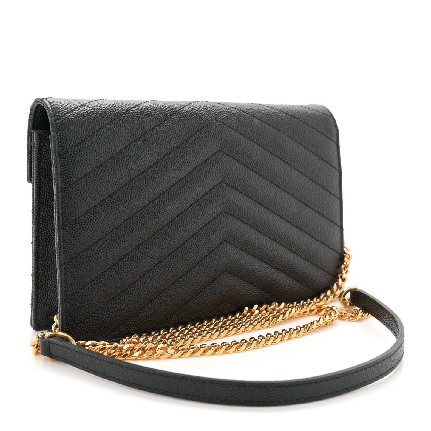 Grain De Poudre Matelasse Chevron Monogram Envelope Chain Wallet Black