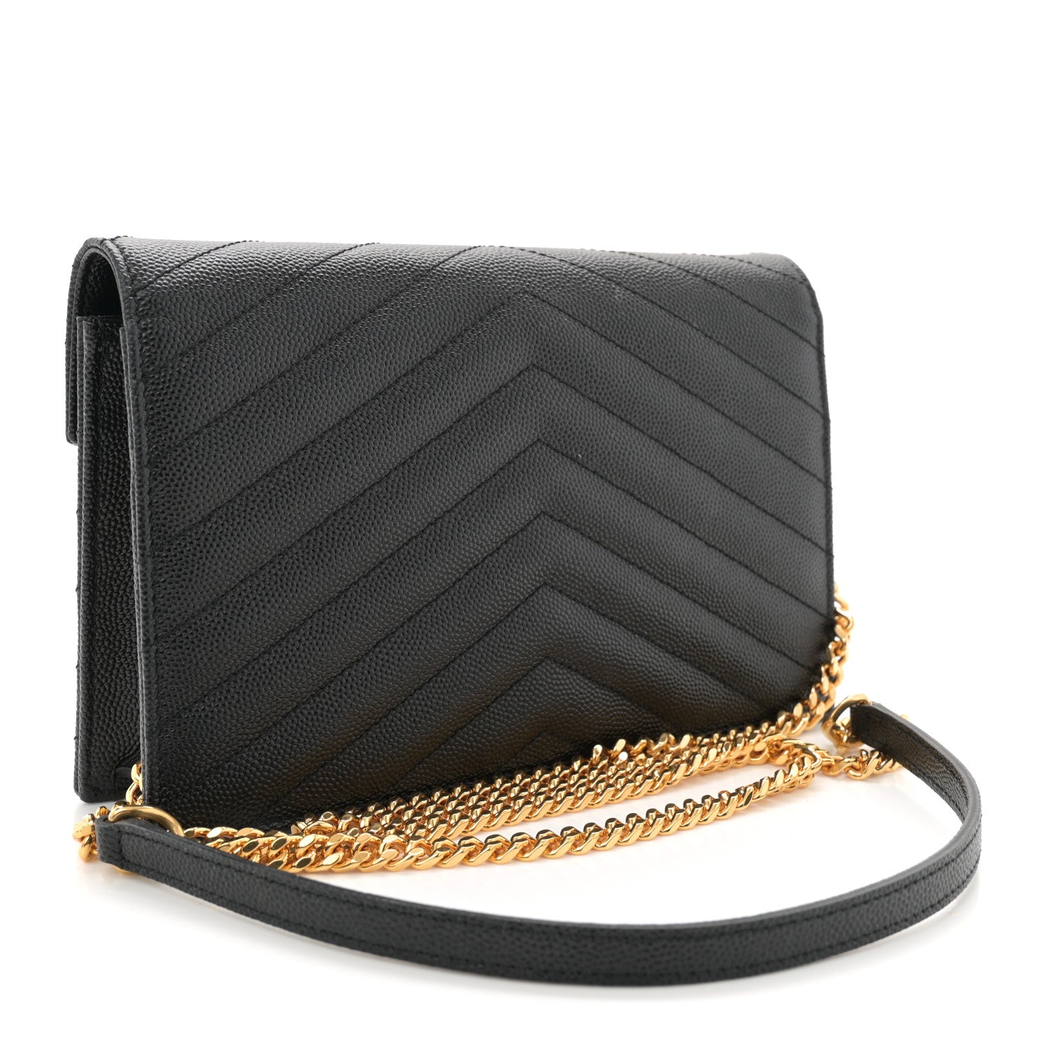 Saint Laurent Grain De Poudre Matelasse Chevron Monogram Envelope Chain Wallet Black 3 of 11