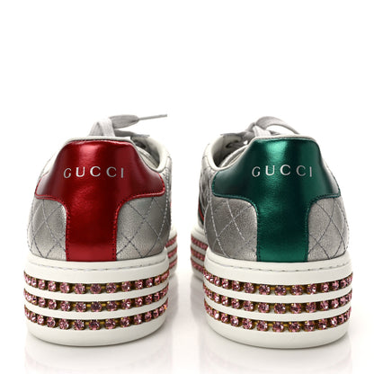 Gucci Laminated Nappa Crystal Web Bee Embroidered Trapuntata Womens Ace Platform Sneakers 38 Argento 5 of 10