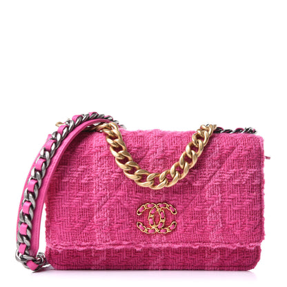 Chanel Wool Tweed Lambskin Quilted Chanel 19 Wallet On Chain WOC and Coin Purse Fuchsia 1 of 13