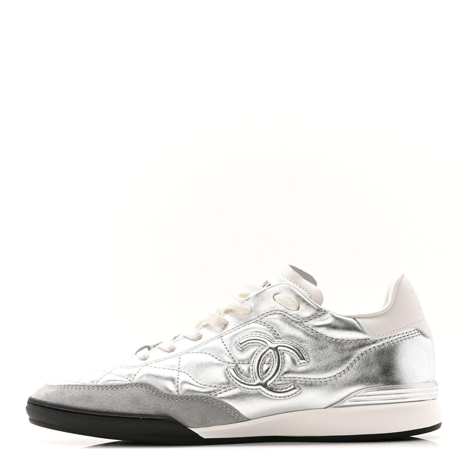 Chanel Laminated Calfskin Suede Quilted Womens CC Sneakers 38 Silver White Gray 1 of 10