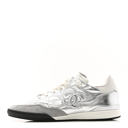 Chanel Laminated Calfskin Suede Quilted Womens CC Sneakers 38 Silver White Gray 1 of 10