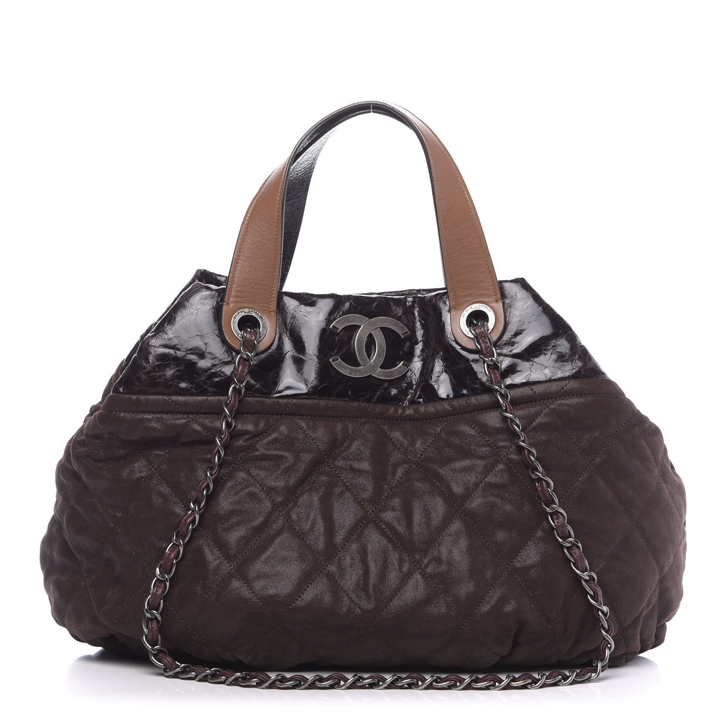 Iridescent Calfskin Quilted Large In The Mix Tote Dark Brown