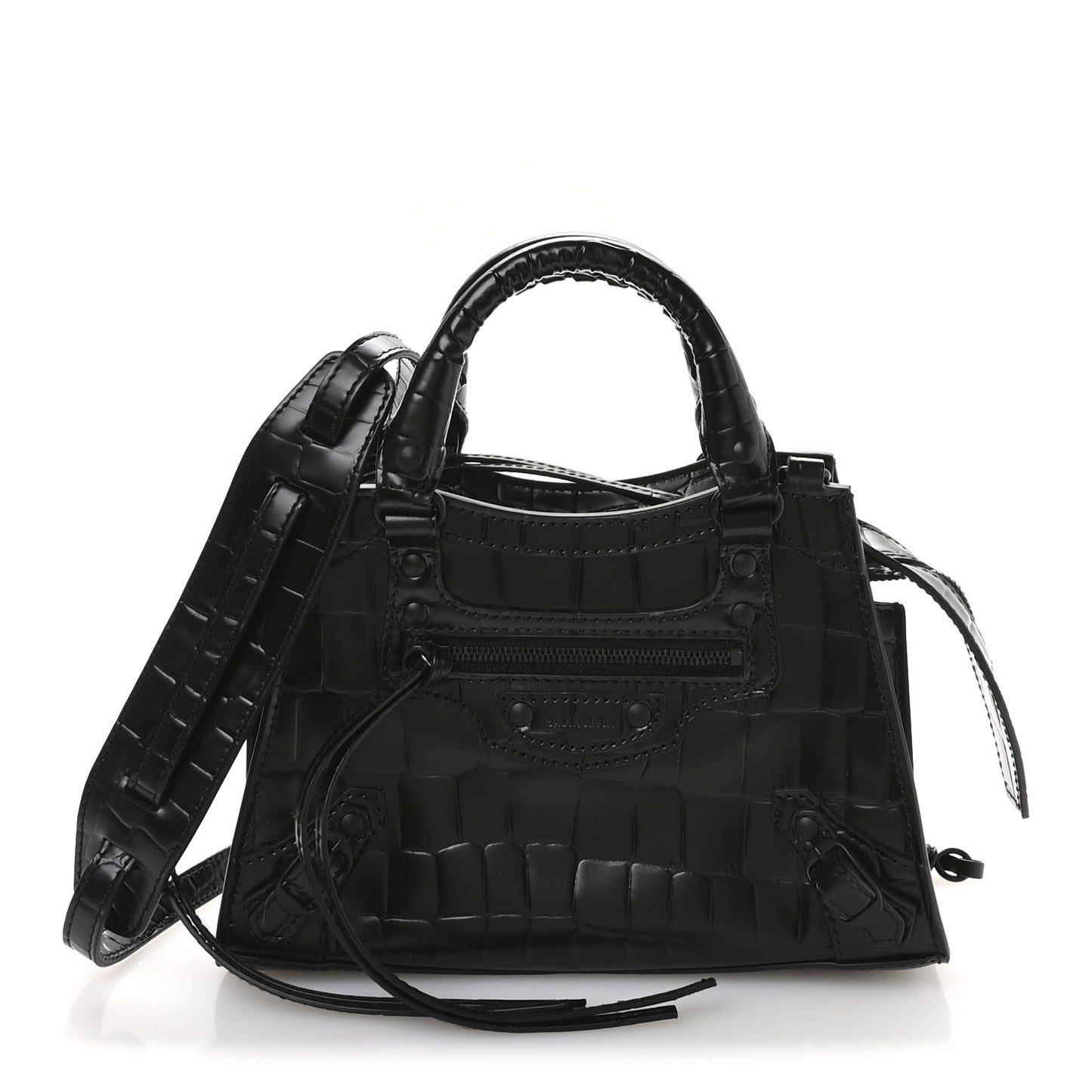 Semi Shiny Calfskin Crocodile Embossed Neo Classic Black Hardware Mini City Black
