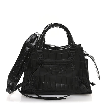 Balenciaga Semi Shiny Calfskin Crocodile Embossed Neo Classic Black Hardware Mini City Black 1 of 12