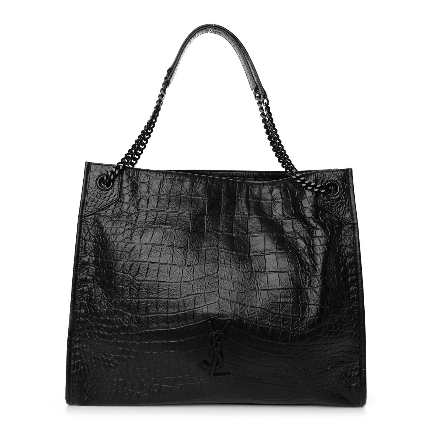 Calfskin Crocodile Embossed Monogram Medium Niki Shopping Bag Black