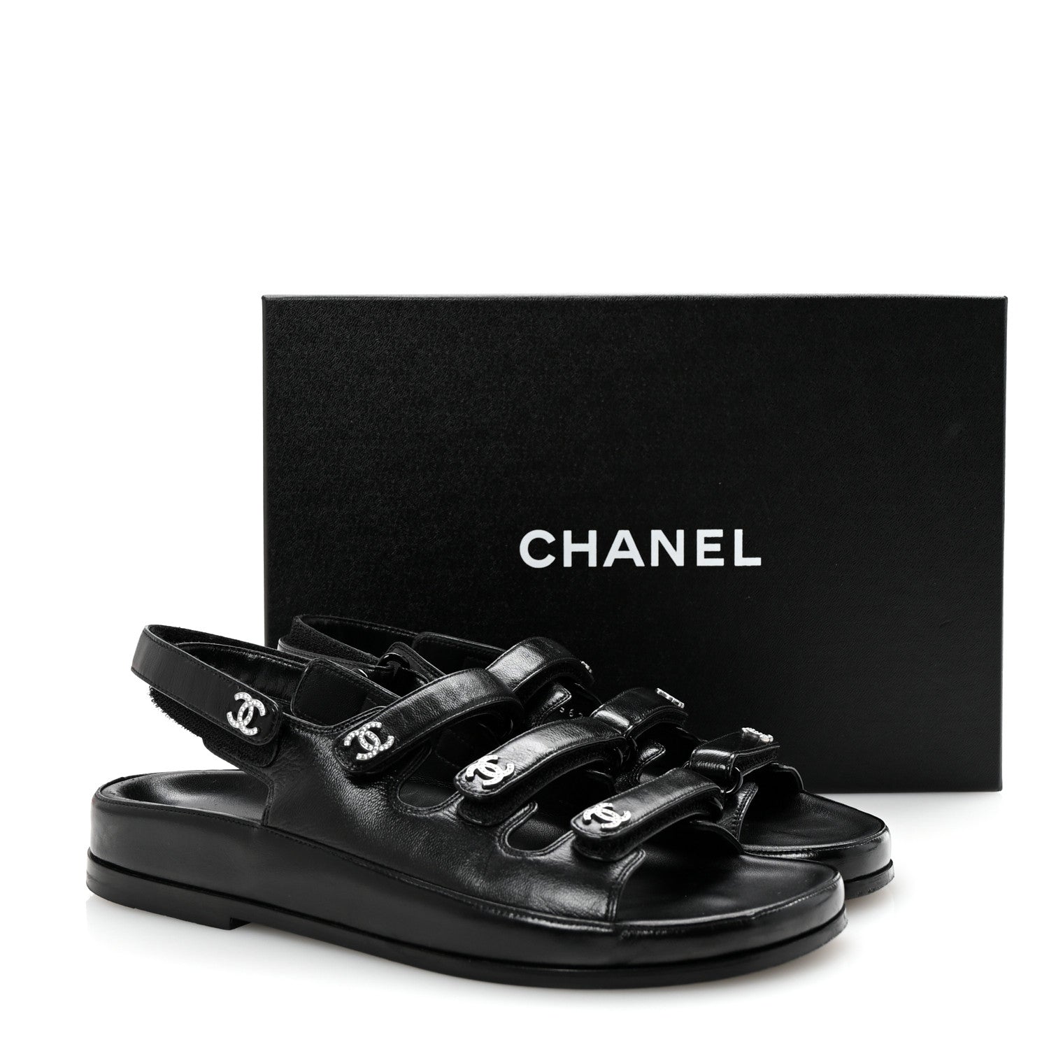 Chanel Lambskin Crystal CC Velcro Dad Sandals 37 Black 10 of 10