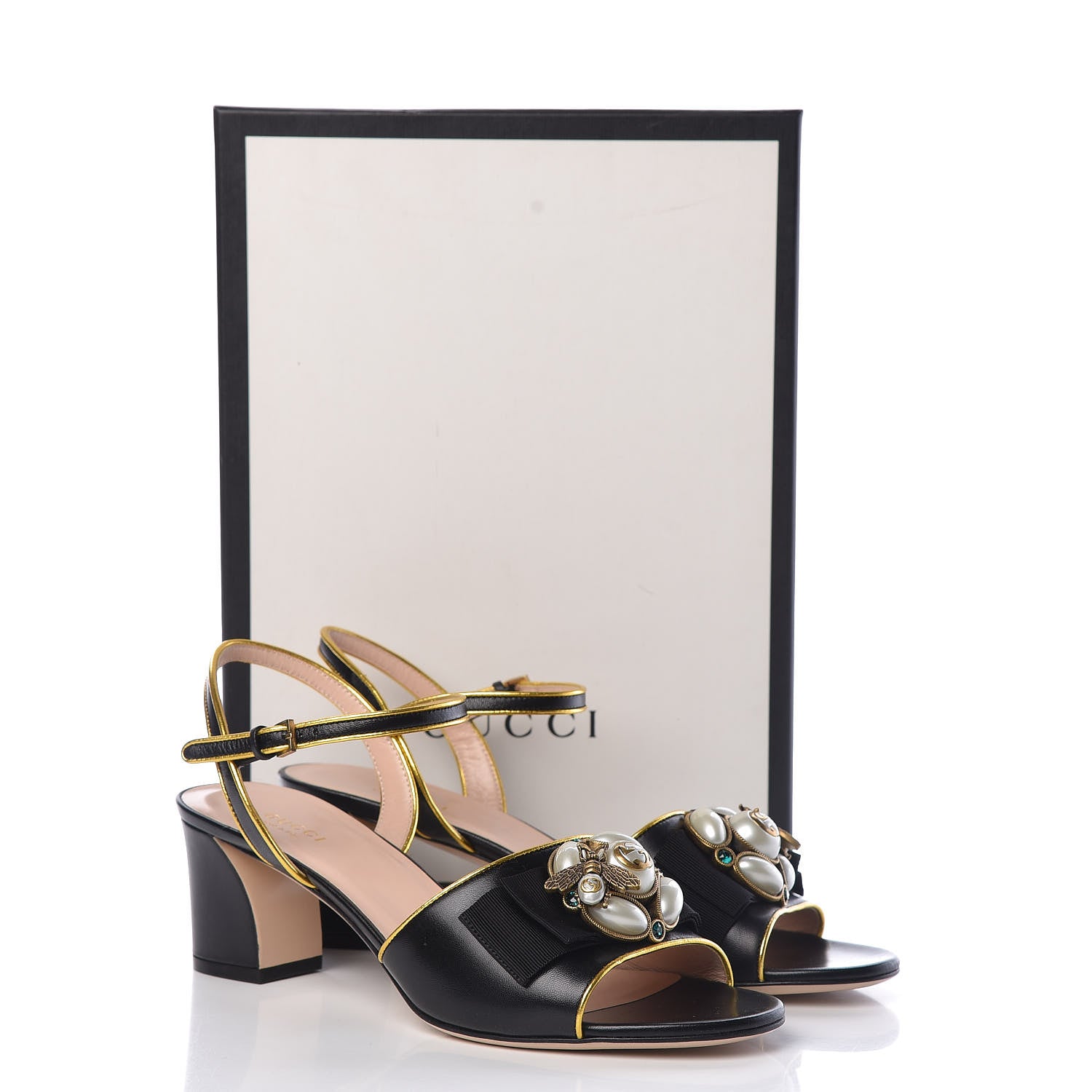 Gucci Nappa Silk Pearl Bee Embellished Mid-Heel Sandals 39.5 Black 8 of 9