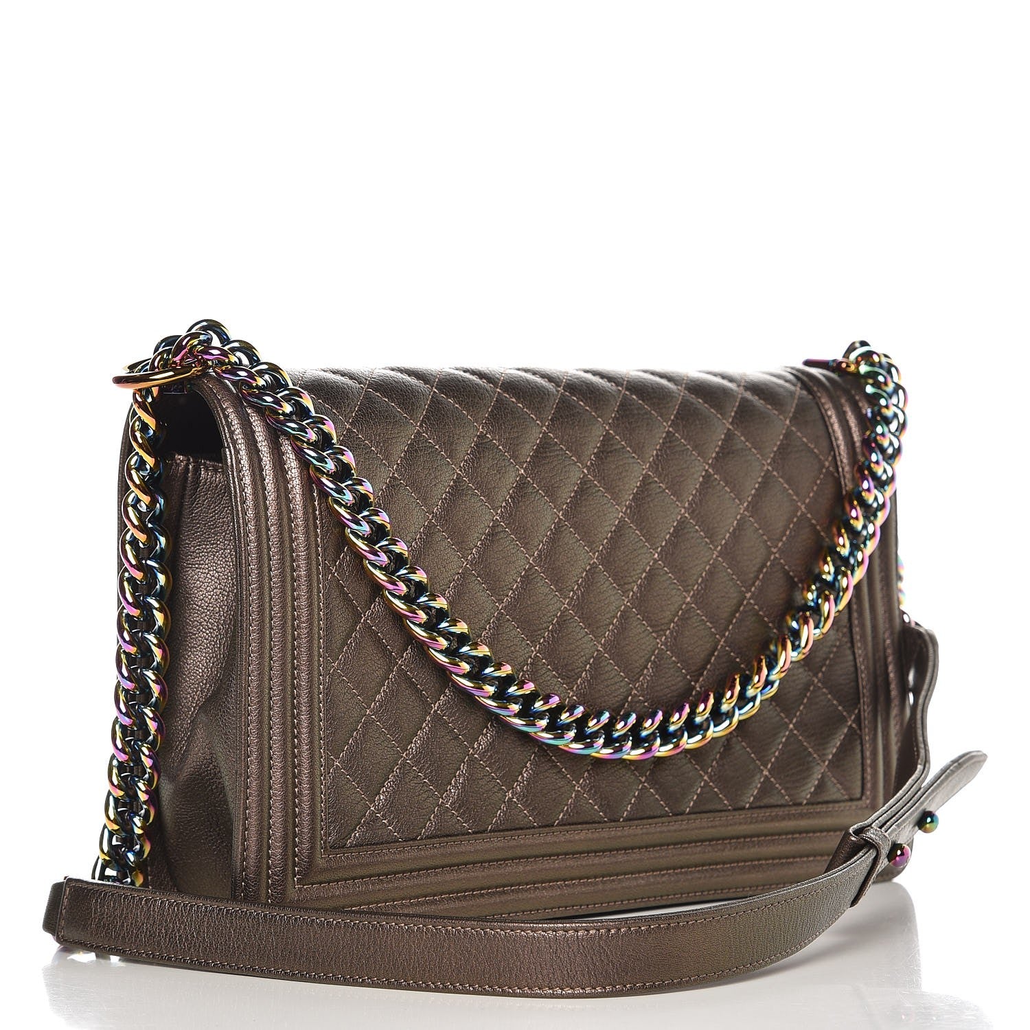 Chanel Iridescent Goatskin Quilted New Medium Boy Flap Dark Gold 12 of 18