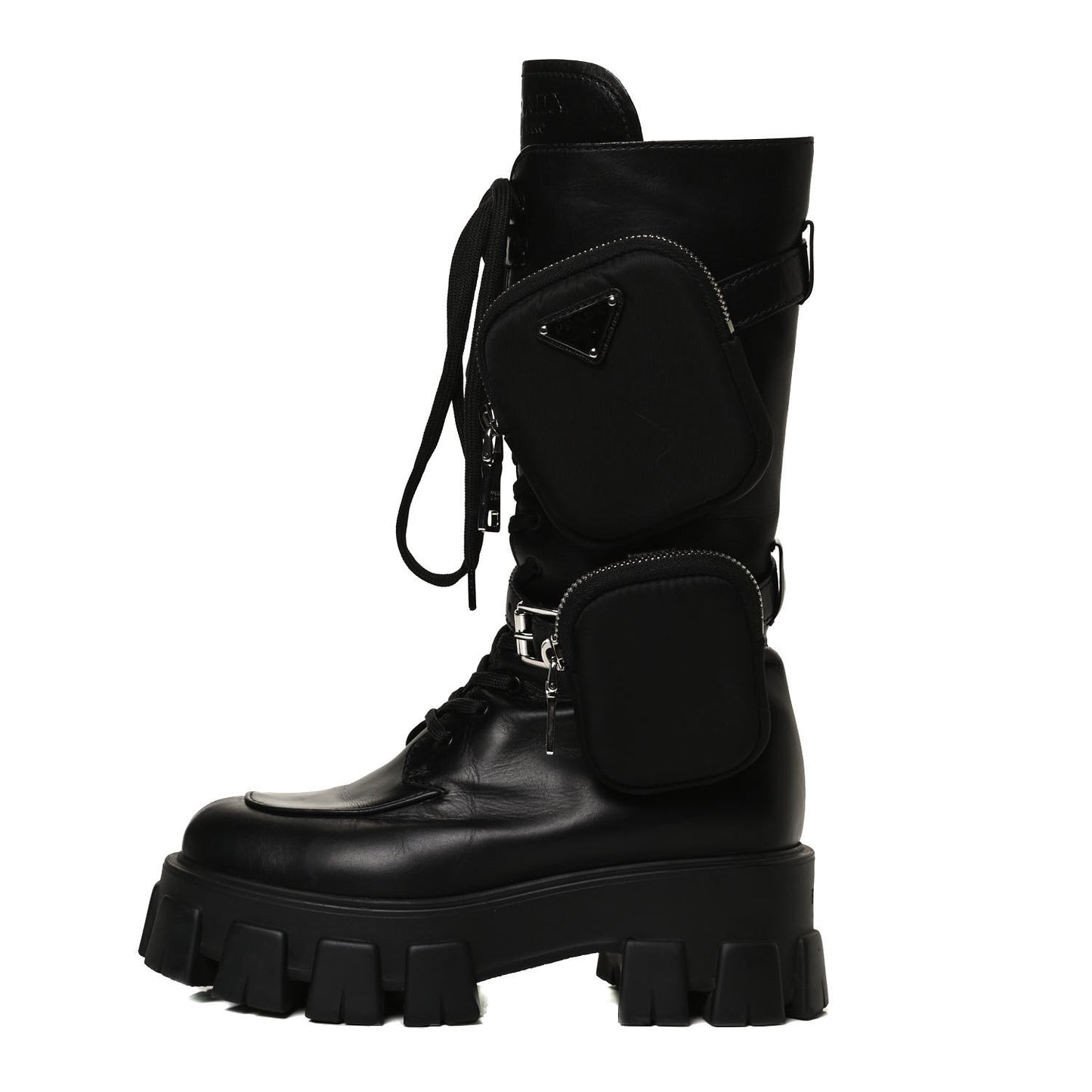 Vitello Lux Nylon Metal Triangle Logo Monolith Pouch Pocket 55mm Tall Combat Boots 36 Black