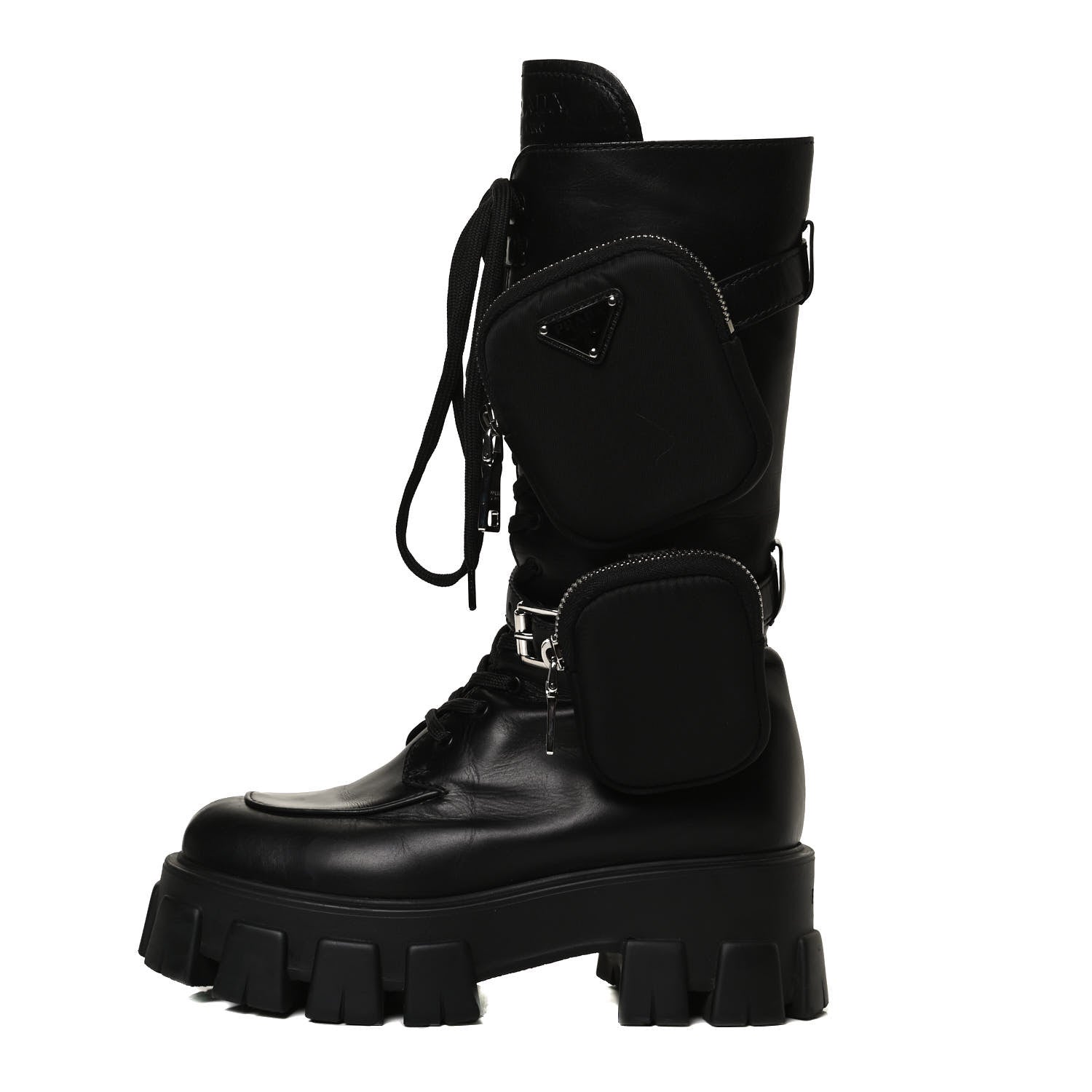 Prada Vitello Lux Nylon Metal Triangle Logo Monolith Pouch Pocket 55mm Tall Combat Boots 36 Black 1 of 12