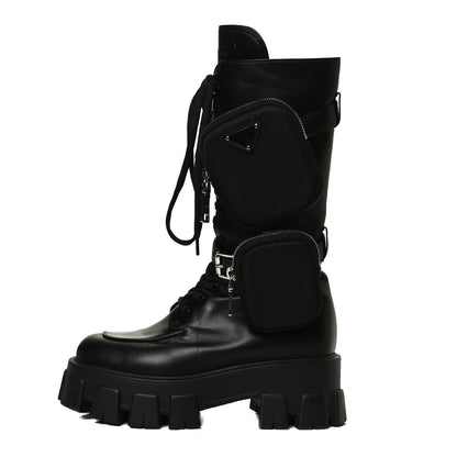 Prada Vitello Lux Nylon Metal Triangle Logo Monolith Pouch Pocket 55mm Tall Combat Boots 36 Black 1 of 12