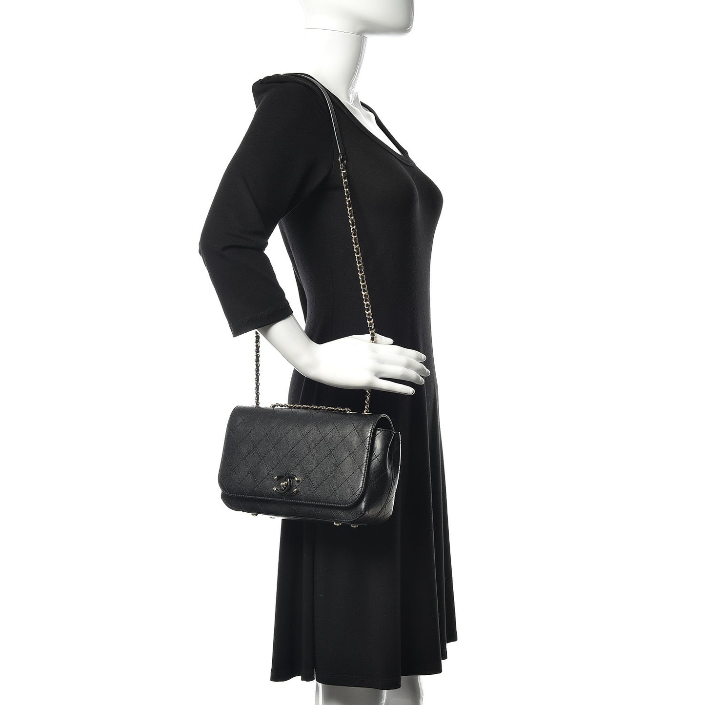 Calfskin Stitched Medium Covered CC Flap Bag Black