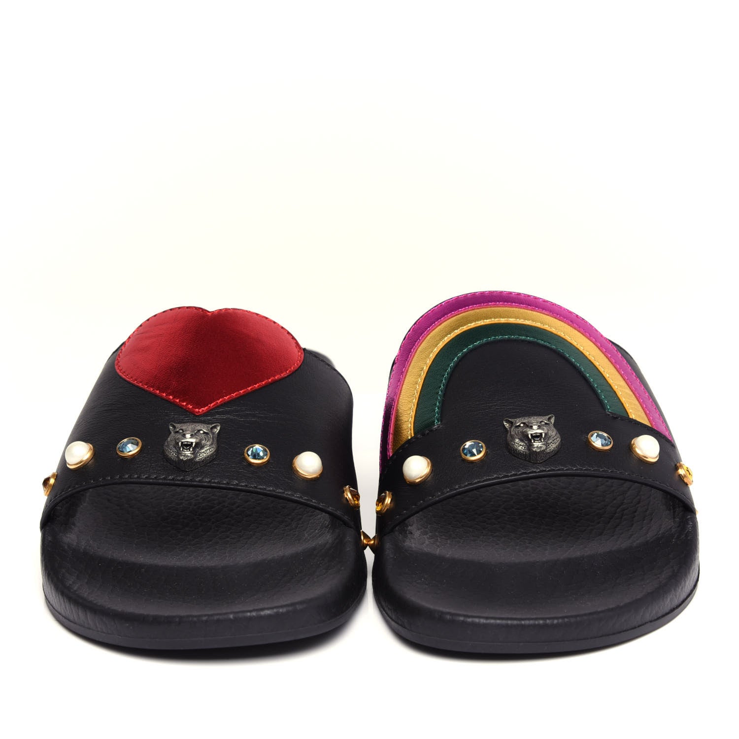 Gucci Calfskin Rainbow Heart Pursuit Slide Sandals 38 Black 3 of 11