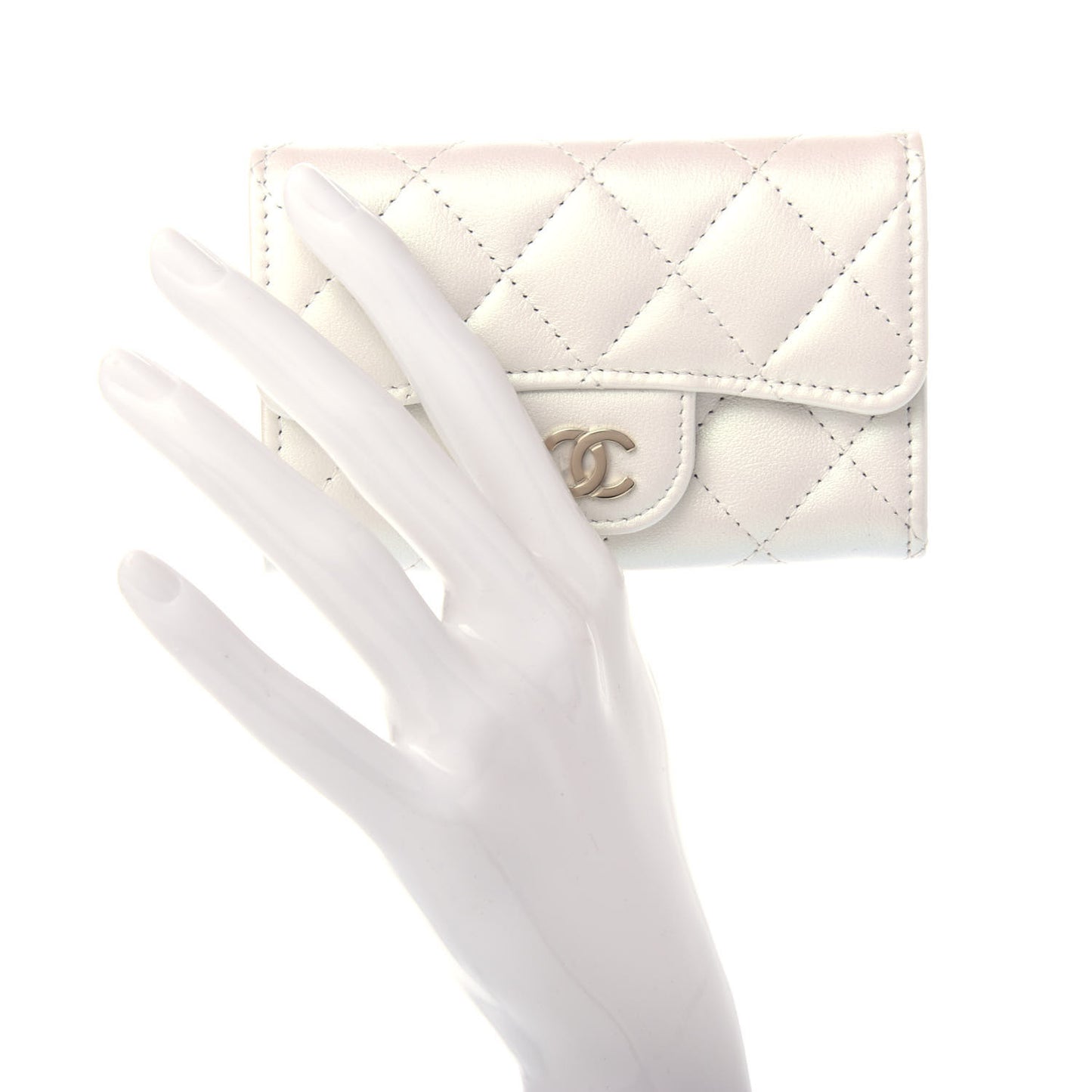 Iridescent Calfskin Quilted Flap Card Holder Wallet Ivory