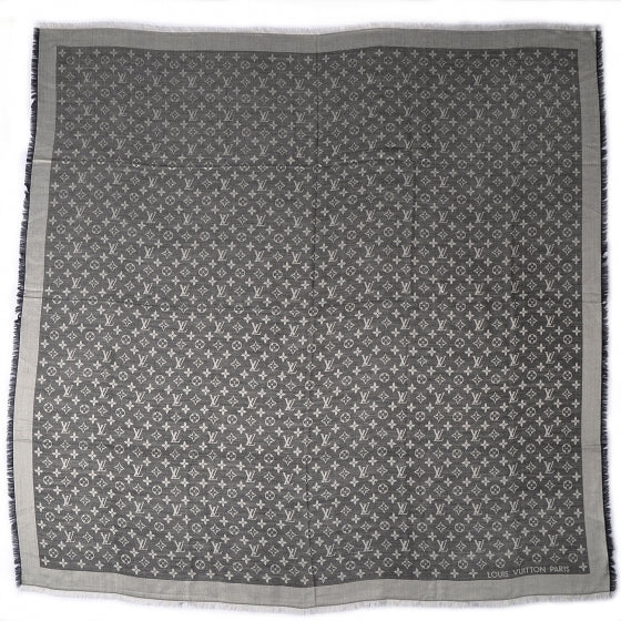 Wool Silk Monogram Denim Shawl Black