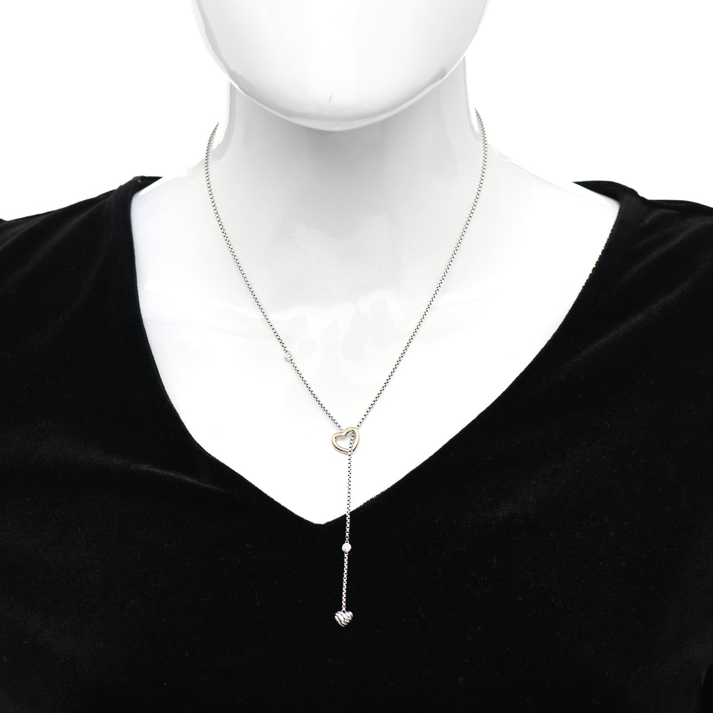 Sterling Silver 18K Yellow Gold Diamond Cable Heart Lariat Necklace