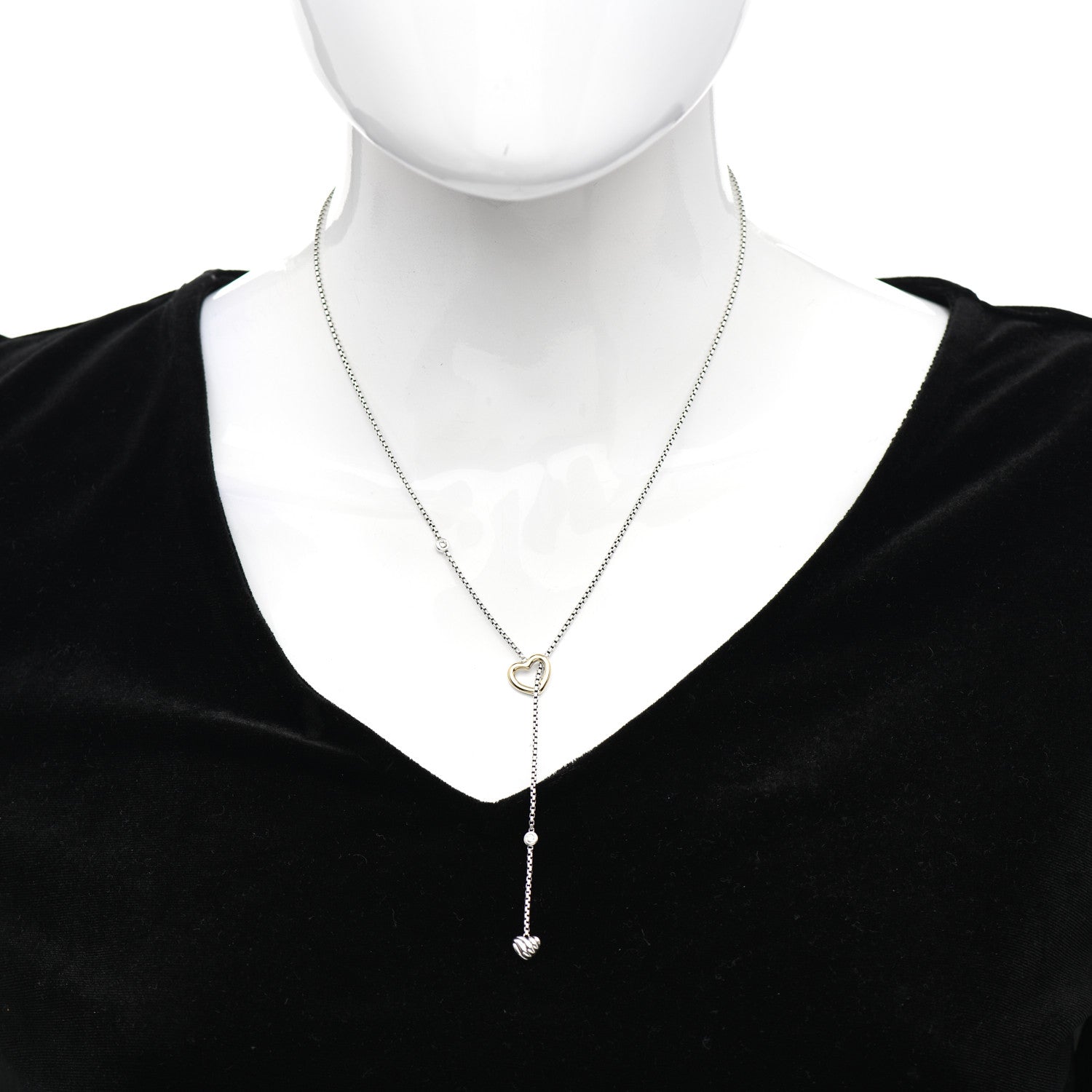 David Yurman Sterling Silver 18K Yellow Gold Diamond Cable Heart Lariat Necklace 2 of 4
