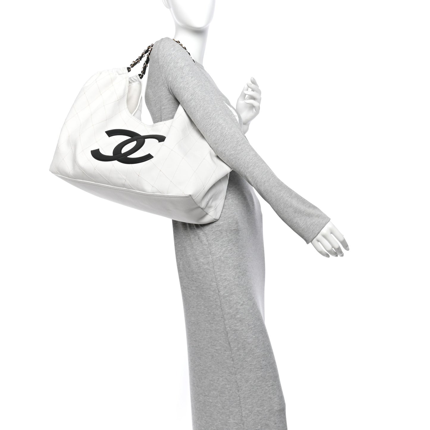 Denim Calfskin Quilted Coco Beach Small Shopping Tote White Black
