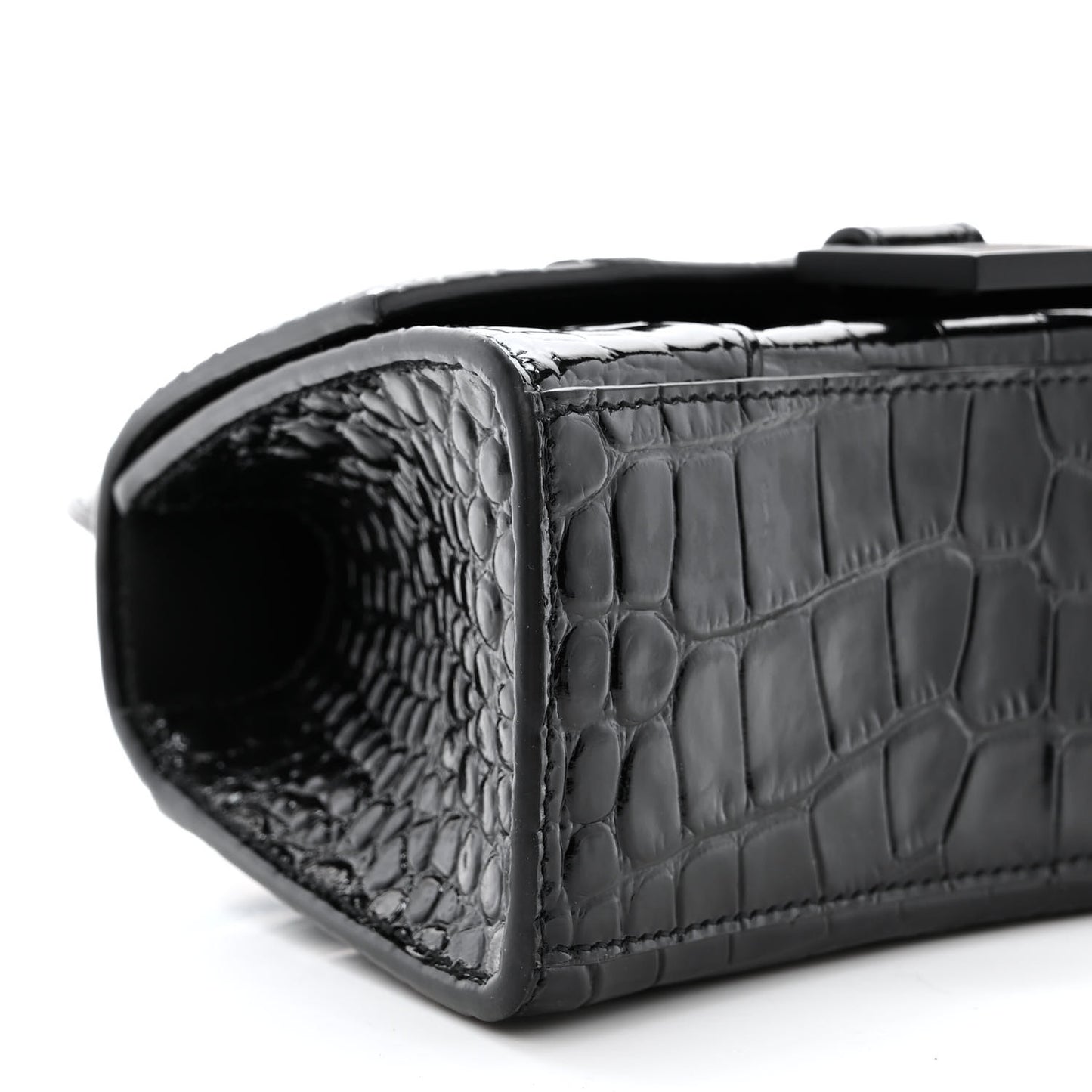 Shiny Calfskin Monochrome Crocodile Embossed Hourglass Top Handle Bag XS Black