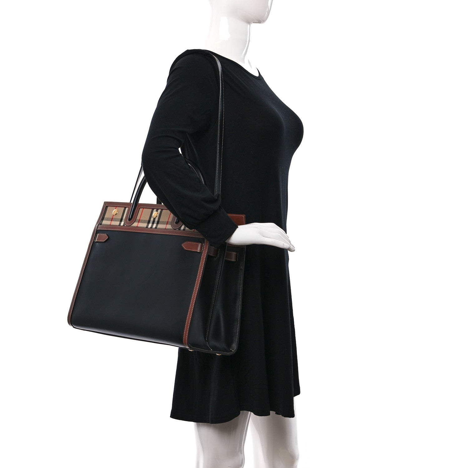 Burberry Calfskin Vintage Check Medium Two Handle Title Bag Black 2 of 9