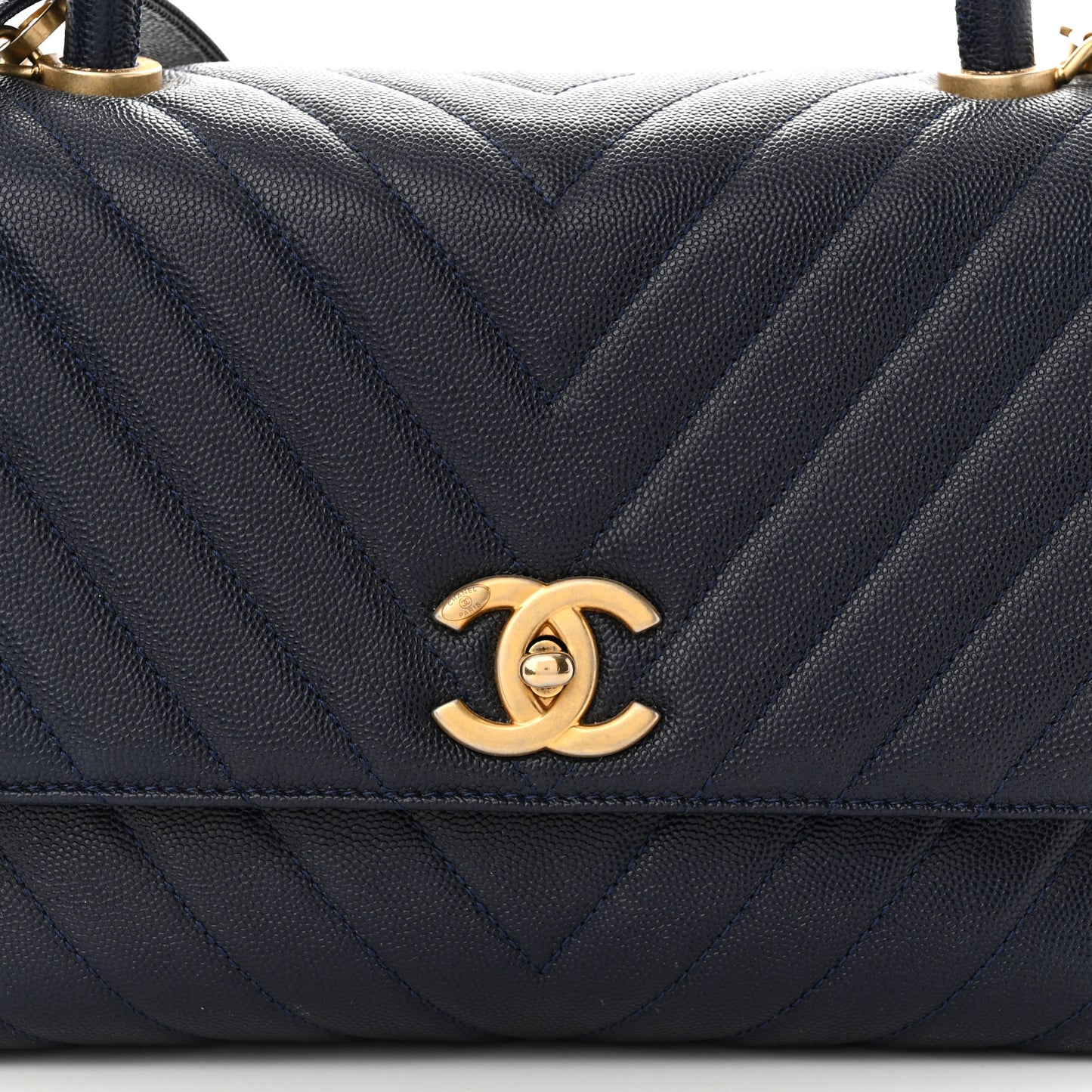Caviar Chevron Quilted Small Coco Handle Flap Navy