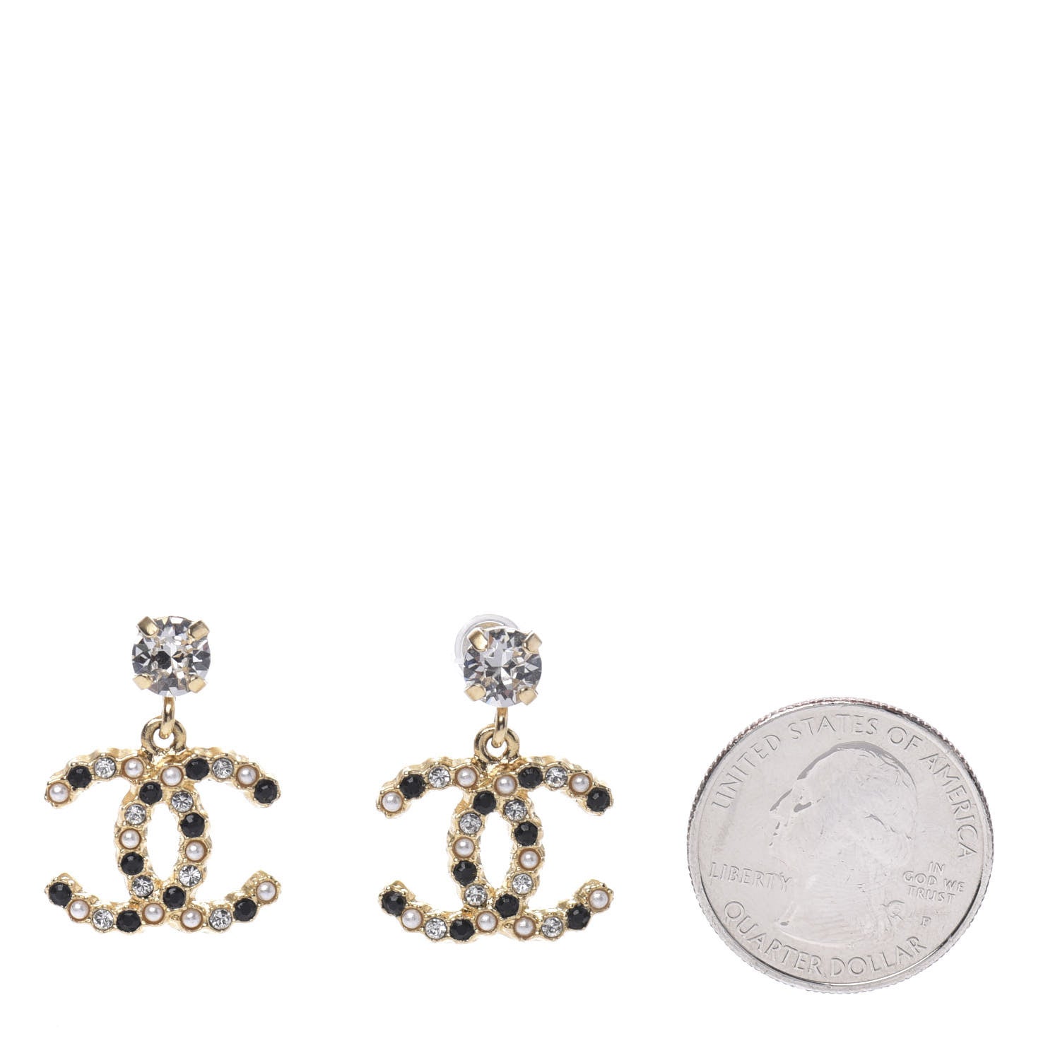 Chanel Resin Crystal Pearl CC Drop Earrings Gold Black 2 of 5