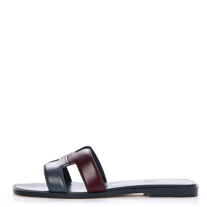 Hermes Box Calfskin Oran Sandals 37.5 Bleu Ardoise Bordeaux 1 of 8