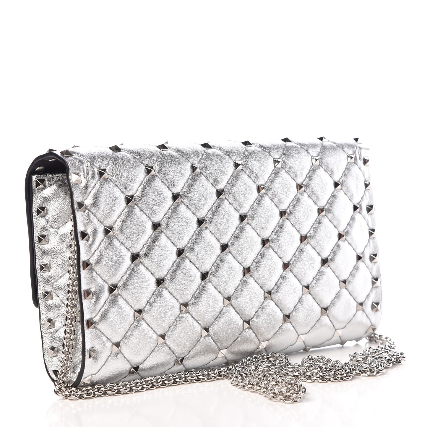 Metallic Nappa Rockstud Spike Wallet on Chain Silver